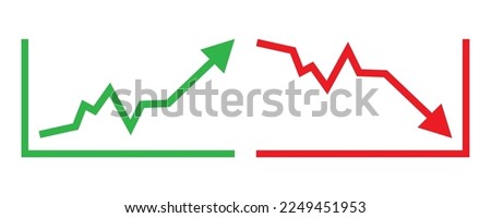 Graph going Up and Down sign with green and red arrows vector. Flat design vector illustration concept of sales bar chart symbol icon with arrow moving down and sales bar chart with arrow moving up.	