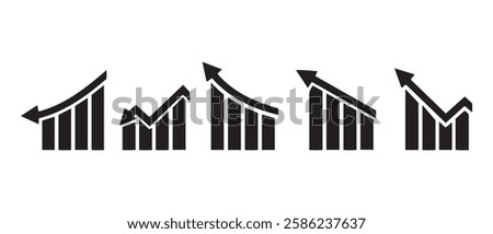 Graph going Up and Down sign with green and red arrows vector. Flat design vector illustration concept of sales bar chart symbol icon with arrow moving down and sales bar chart with arrow moving up.