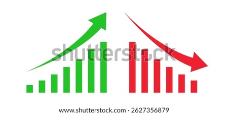 Graph going Up and Down sign with green and red arrows. Up arrow flow chart, Bullish trend. Bear market, bearish trend. Rising and downward trend