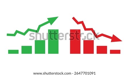 Graph going Up and Down sign with green and red arrows vector. Flat design vector illustration concept of sales bar chart symbol icon with arrow moving down and sales bar chart with arrow moving up.