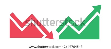 Graph going down and up sign with green and red arrows vector. Bar chart symbol icon with arrow moving down and sales bar chart with arrow moving up.