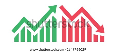 Graph going down and up sign with green and red arrows vector. Bar chart symbol icon with arrow moving down and sales bar chart with arrow moving up.