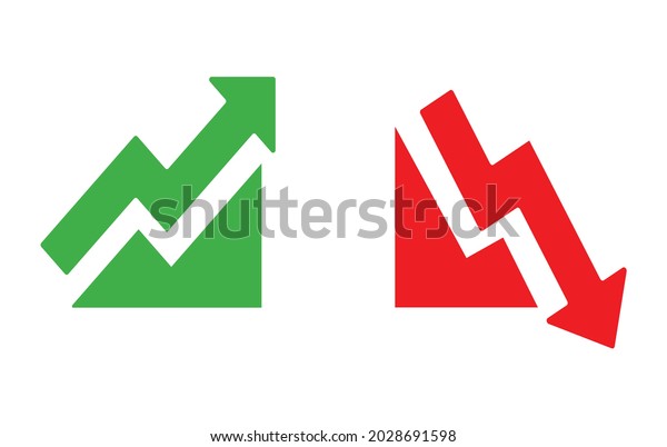 Graph going Up and Down sign with green and red\
arrows vector. Flat design vector illustration concept of sales bar\
chart symbol icon with arrow moving down and sales bar chart with\
arrow moving up.	