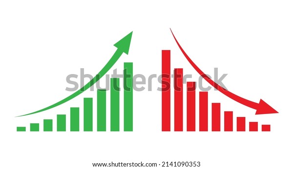 Graph going Up and Down sign with green and red
arrows vector. Flat design vector illustration concept of sales bar
chart symbol icon with arrow moving down and sales bar chart with
arrow moving up.	