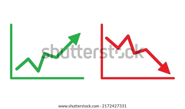 Graph going Up and Down sign with green and red\
arrows vector. Flat design vector illustration concept of sales bar\
chart symbol icon with arrow moving down and sales bar chart with\
arrow moving up.	