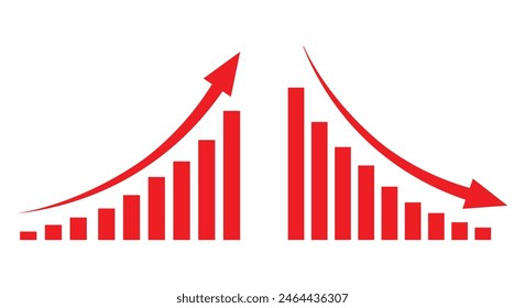 Graph going Up and Down sign with red arrows vector. Flat design vector illustration concept of sales bar chart symbol icon with arrow moving down and sales bar chart with arrow moving up.