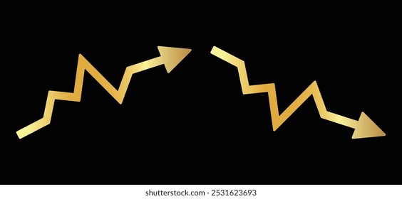 Gráfico que va arriba y abajo signo con dos flechas de oro Vector. Concepto de Ilustración vectorial de diseño plano de icono de gráfico de barras de venta de oro con flecha que se mueve hacia abajo y gráfico de barras de ventas con flecha que se mueve hacia arriba.