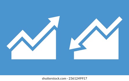 Graph going Up and Down with white arrows on blue.White chart bar vector illustration concept of sales bar chart symbol icon with arrow moving down and sales bar chart with arrow moving up.