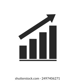 Gráfico subiendo signo con flechas negras conjunto de Vectores. Conjunto de Vectores de diseño plano de un concepto de icono de gráfico de barras de ventas con flecha que se mueve hacia arriba. Gráfico de ganancias, crecimiento del negocio, aumentar, mejorar, símbolo de barra