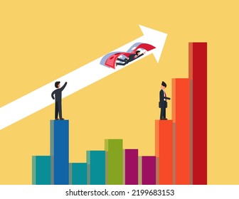 Graph going up. Businessman flying with dollar wings. business sales or profit increase concept.