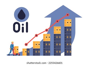 Graph of great increase in oil prices. Petroleum value rising infographic. Gasoline barrels. Worker carry cask by cart. Financial growth diagram. Expensive fossil fuel