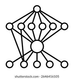 Graph with grid connections thin line icon, neural network concept. Vector graphics. Data algorithm, deep learning sign on white background, style mobile or design