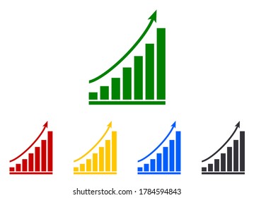 Gráfica de crecimiento. Gráfico con flecha hacia arriba. Icono del beneficio del crecimiento. Aumentar las ventas de ganancia. Ganancia de aumento gráfica. Incremento de la economía, dinero. Bar para la medición estadística de finanzas, negocios. Éxito conceptual. Vector.