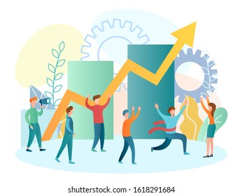 Graph with a growing arrow as a sign of victory, success, growth, progress, achievement. Businessmen rejoice and exult in congratulating their leader on the victory. Successful teamwork business.