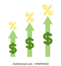 Gráfico de un creciente depósito en dólares con intereses. Icono de depósito plano. Imagen de una flecha verde y una moneda. Ahorro y aumento de dinero. Ilustración vectorial de material aislada en fondo blanco. 