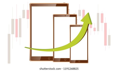 The graph is growing up in the form of a green volume arrow on the background of smart tablets of modern touch digital smartphones with large screens of mobile devices. Vector illustration.