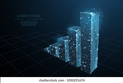 Graph grows. Low poly wireframe mesh looks like constellation on dark blue background with dots and stars. Crumbled edge. success, achievement and business symbol, illustration or background