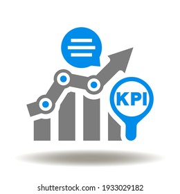 Graph With Growth Arrow, Speech Bubble, Magnifying Glass And Kpi Vector Icon. KPI Data Achievement Analytics Symbol.