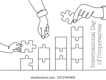 Graph of the growth of the enterprise on the example of the contribution to the development of each employee. International Day of Cooperatives. One line drawing for different uses. Vector illustratio