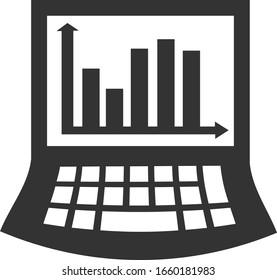 Graph of the growth of financial assets on a laptop screen. Vector flooded icon. Set of business icons.