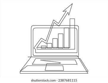 Gráfica indicadores de crecimiento en pantalla portátil en un estilo de minimalismo de arte dibujado a mano en línea continua. El concepto es el crecimiento del financiamiento de acciones aislado en un contexto blanco. Ilustración del vector