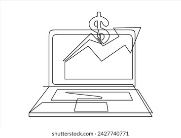 Graph growth indicators on laptop screen in one continuous line hand drawn art minimalism style. The concept is the growth of stock finance isolated on white background. Vector illustration