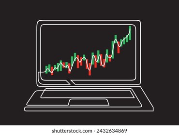 Graph growth indicators on laptop screen in one continuous line hand drawn. Crypto laptop symbol.
