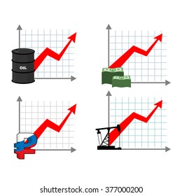 Graph growth of wealth set. Red up arrow. Increased profits of oil sales. Barrel of petrol.  rise rate of ruble. Russian national currency. enlarged production petroleum rig. Increase  amount cash