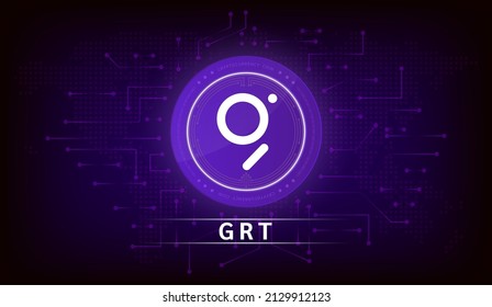 The graph (GRT) coin cryptocurrency token symbol. Coin icon on dark  background. Technology for finance in International stock blockchain. Vector illustration.