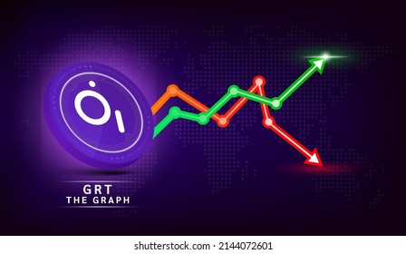 La moneda de color púrpura de Graph (GRT). Símbolo de criptodivisa con gráfico de inversión en bolsa verde y rojo. Icono de moneda en fondo oscuro. Concepto de negocios de tendencias económicas. Vector 3D.