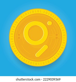 The Graph GRT golden coin isolated on blue background. Cryptocurrency vector illustration eps 10 template.