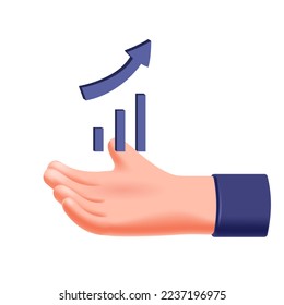 Graph in hand, information data volumes for analysis, arrow and pointer, growth up, chart analysis in the market, finance, 3d, business model. The concept of growth and success. Vector illustration