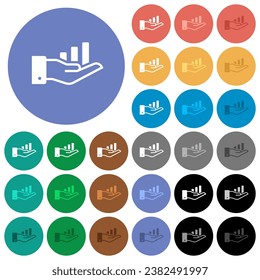 Graph in hand multi colored flat icons on round backgrounds. Included white, light and dark icon variations for hover and active status effects, and bonus shades.