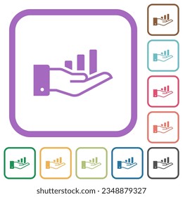 Graph in hand simple icons in color rounded square frames on white background