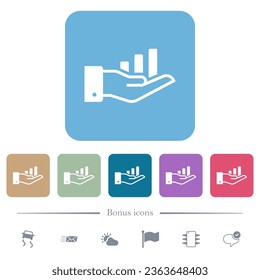Graph in hand white flat icons on color rounded square backgrounds. 6 bonus icons included