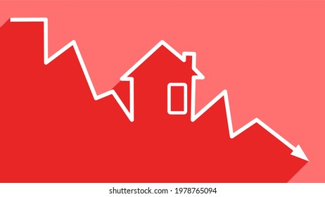 The graph of the house is declining. The concept of a decline in the real estate market. Economic crisis