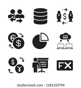 graph icon. 9 graph vector icons set. exchange, fx and person of business standing with a screen board giving a lecture icons for web and design about graph theme