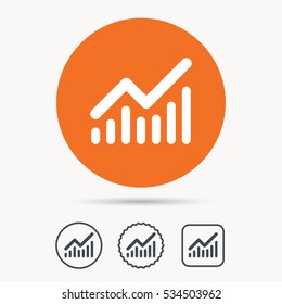 Graph icon. Business analytics chart symbol. Orange circle button with web icon. Star and square design. Vector