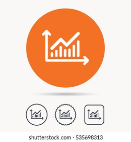 Graph icon. Business analytics chart symbol. Orange circle button with web icon. Star and square design. Vector