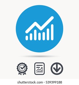 Graph icon. Business analytics chart symbol. Achievement check, download and report file signs. Circle button with web icon. Vector