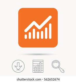 Graph icon. Business analytics chart symbol. Report chart, download and magnifier search signs. Orange square button with web icon. Vector