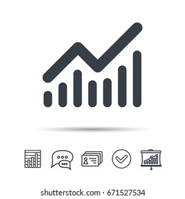 Graph icon. Business analytics chart symbol. Chat speech bubble, chart and presentation signs. Contacts and tick web icons. Vector