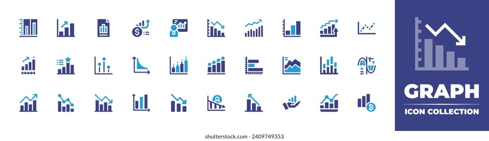 Colección de iconos de gráfico. Color de duotona. Ilustración vectorial y transparente. Conteniendo tendencia, gráfico, estadística, gráfico de barras, mercado, decadencia, gráfico de barras, gráfico de líneas, disminución, pérdida, crecimiento, gráficos.