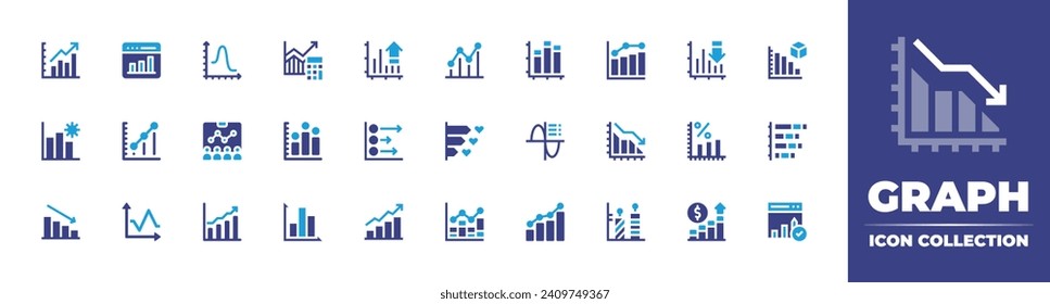 Colección de iconos de gráfico. Color de duotona. Ilustración vectorial y transparente. Con disminución, éxito, estadísticas, gráfico de barras, gráfico de barras, gráfico de barras, fluctuación, gráfico de líneas, diagrama.