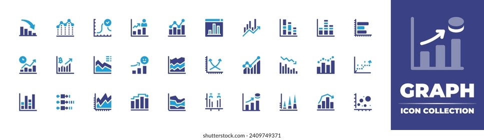 Graph icon collection. Duotone color. Vector and transparent illustration. Containing decrease, curve, chart, profits, bar chart, time to market, line graph, ipo, line chart, statistics, sales.