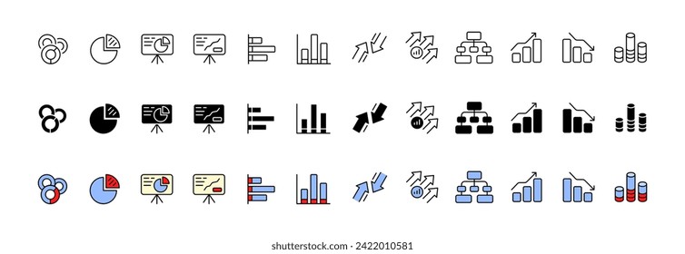 Graph icon collection. Linear, silhouette and flat style. Vector icons