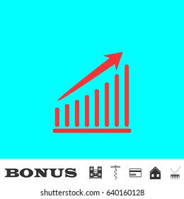 Graph icon flat. Red pictogram on blue background. Vector illustration symbol and bonus buttons Music center, corkscrew, credit card, house, drum