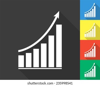 ?growing graph icon - gray and colored (blue, yellow, red, green) vector illustration with long shadow