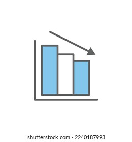  Ilustración de icono gráfico con flecha hacia abajo. Disminución del gráfico financiero. Estilo de icono de dos tonos. adecuado para aplicaciones, sitios web, aplicaciones móviles. icono relacionado con las finanzas. Diseño de vector simple editable