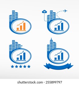 Graph icon on city background. Cityscape illustration set.